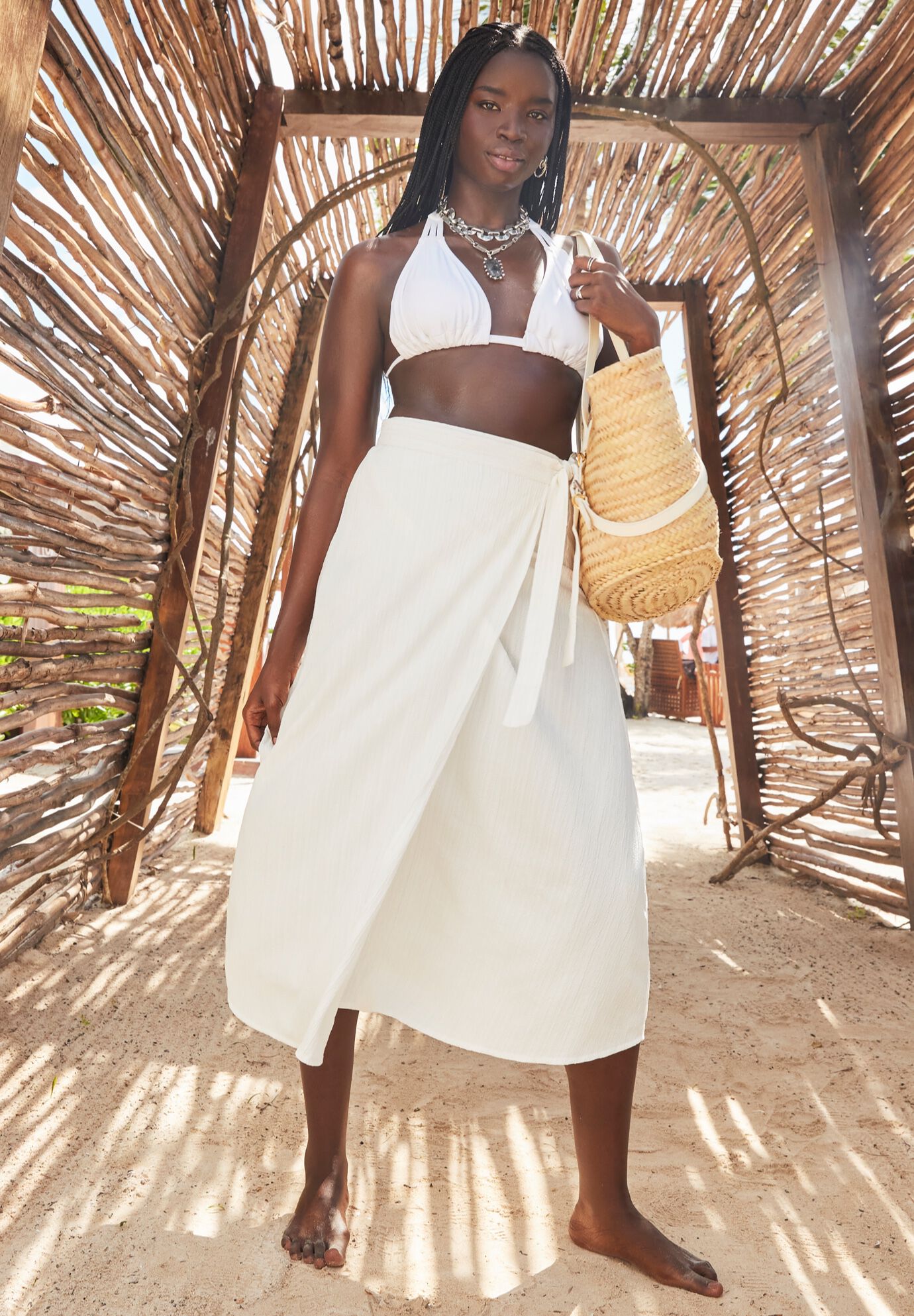 Crinkle Pleat Wrap Skirt Cover Up, WHITE, hi-res image number 0