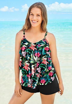 Longer-Length Tiered-Ruffle Tankini Top