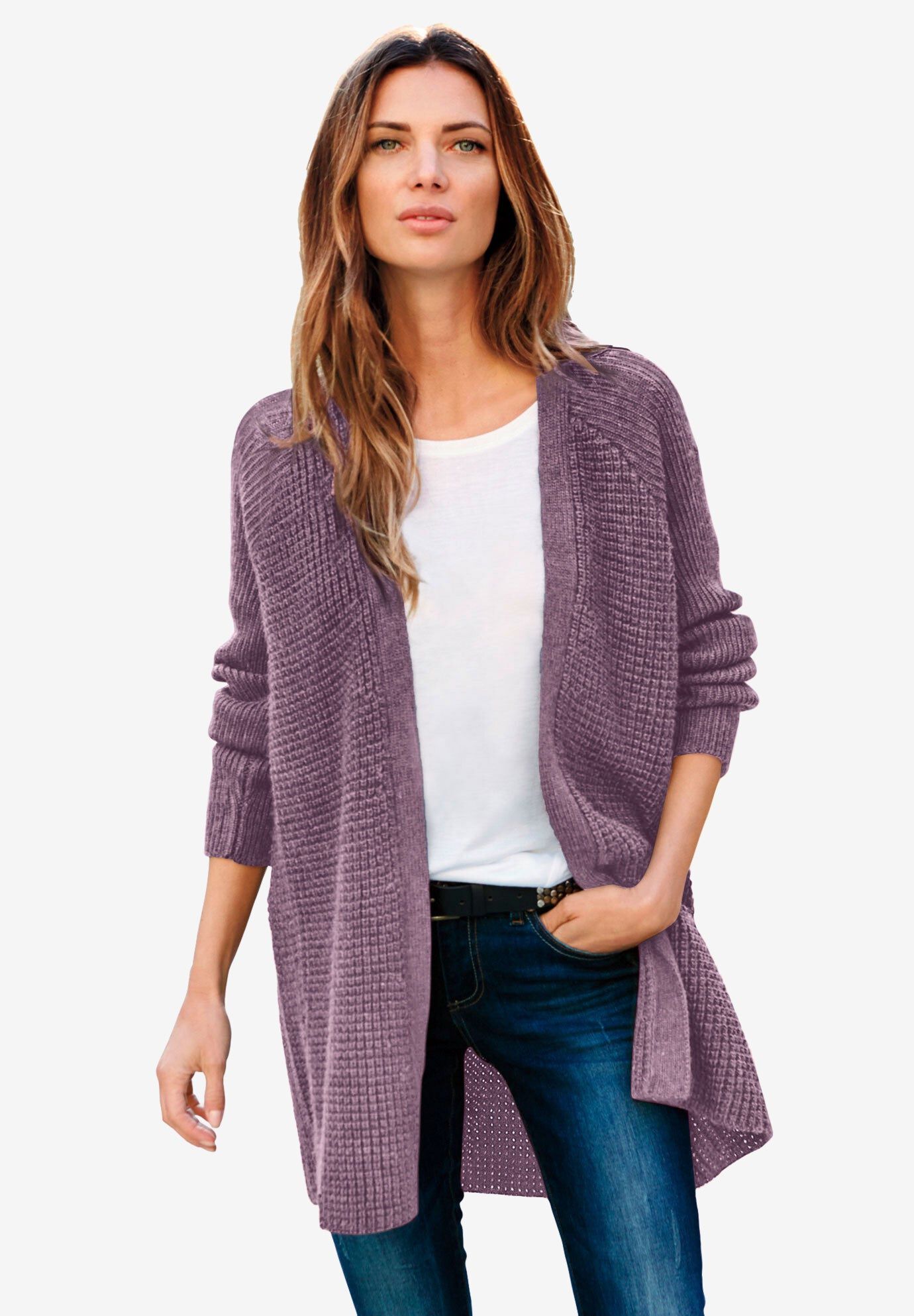 Open Front Waffle Cardigan﻿