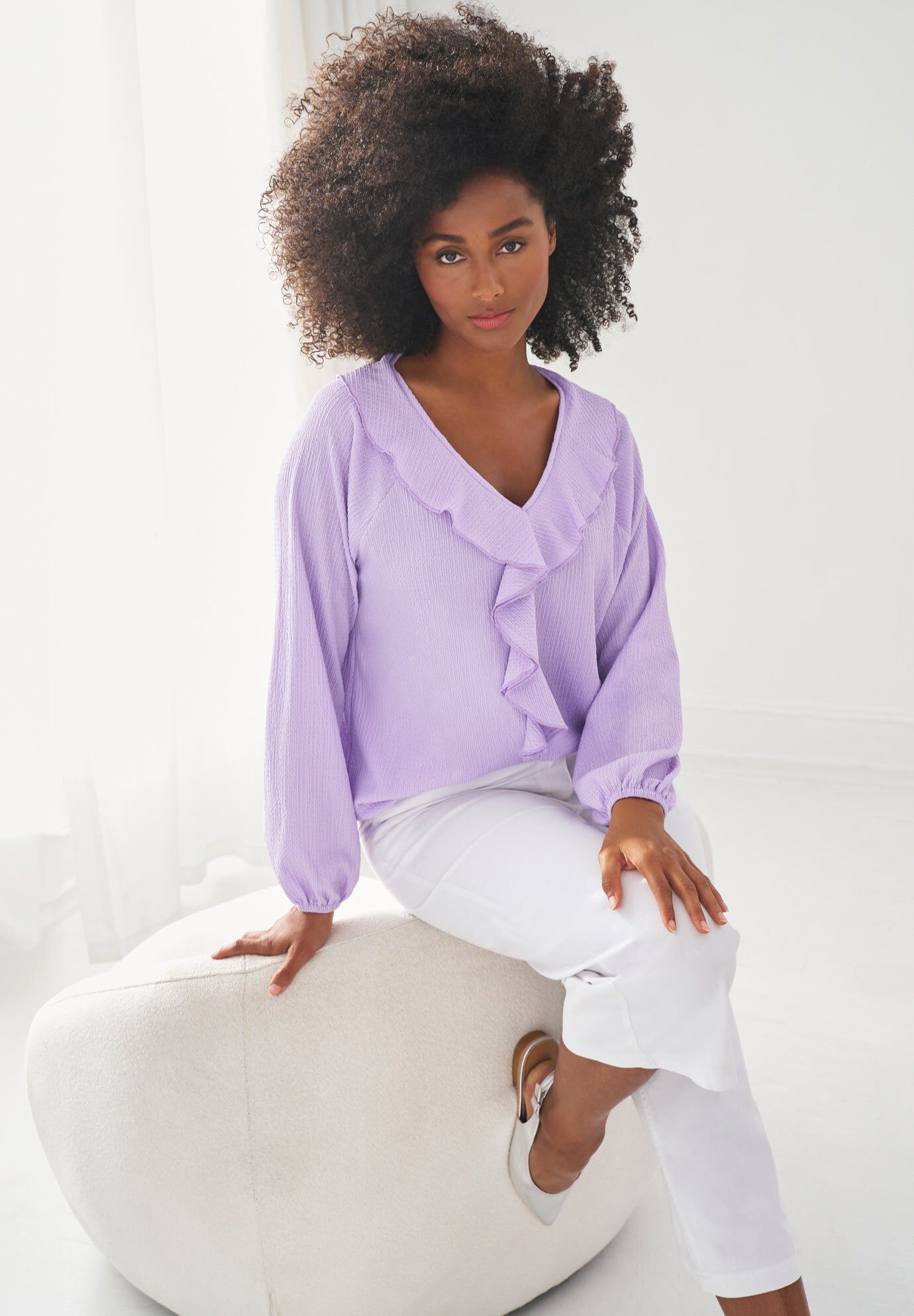 Knit Top With Ruffled V-Neck, LAVENDER, hi-res image number 0