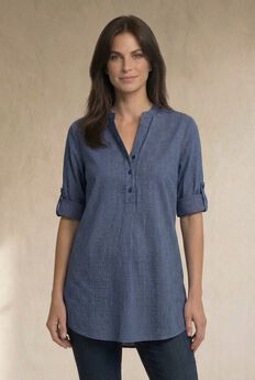 Three-Quarter Sleeve Roll Tab Relaxed Fit 100% Cotton Henley Tunic