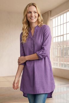 Three-Quarter Sleeve Roll Tab Relaxed Fit 100% Cotton Henley Tunic