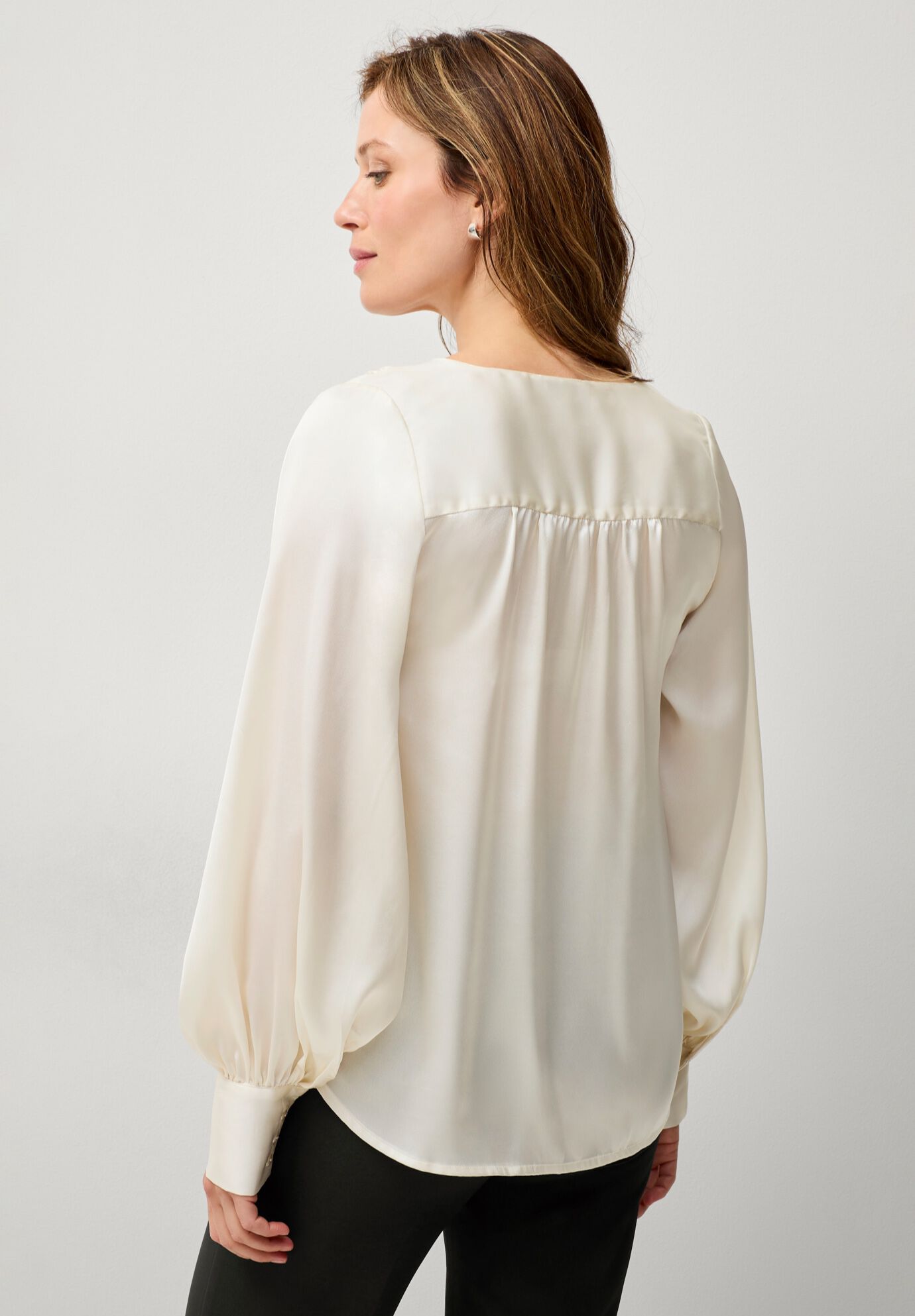 Satin Blouson Sleeve Button Front Blouse, IVORY, on-hover image number 1