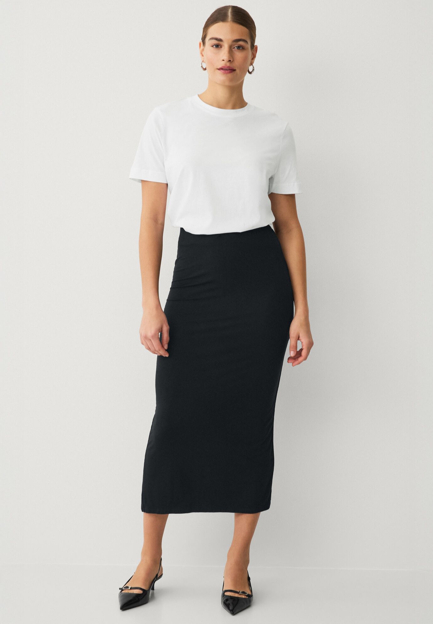 Stretch Knit Pull On A Line Maxi Skirt, BLACK, hi-res image number 0