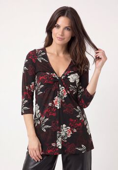 Stretch Jersey Knit V-Neck Three-Quarter Sleeve Knot Front Tunic