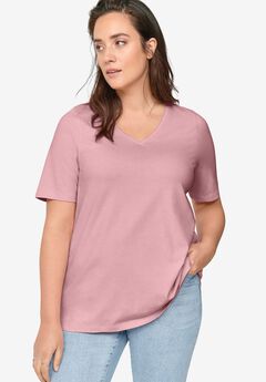 Stretch Jersey Knit A-Line Relaxed V-Neck Short Sleeve Tunic