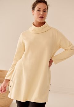 Side Snap Cowl Neck French Terry Sweatshirt Tunic