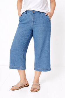 Lightweight Wide-Leg Crop Mid-Rise Elastic Waist Jeans