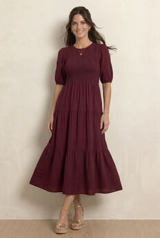 Short Sleeve Smocked Bodice Midi Dress