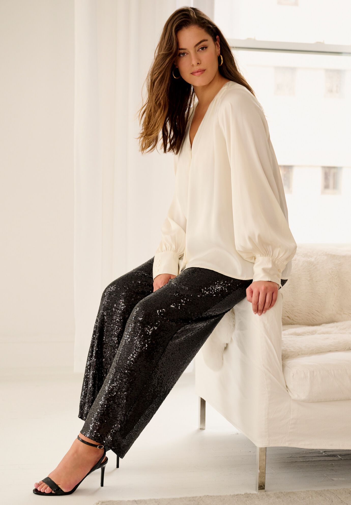 Satin Blouson Sleeve Button Front Blouse, IVORY, alternate image number 3
