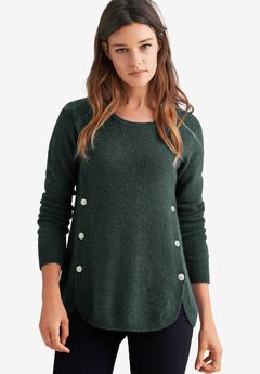 Stretch Scoop Neck Curved Hem With Buttons Pullover Sweater