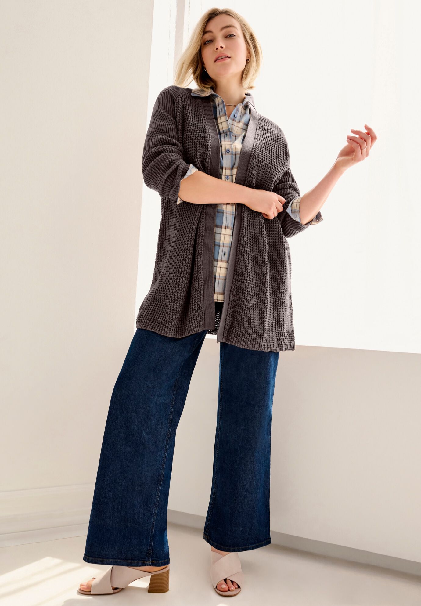 Plaid Flannel Shirt layered w/ Textured Cozy Cardigan, , hi-res image number 0