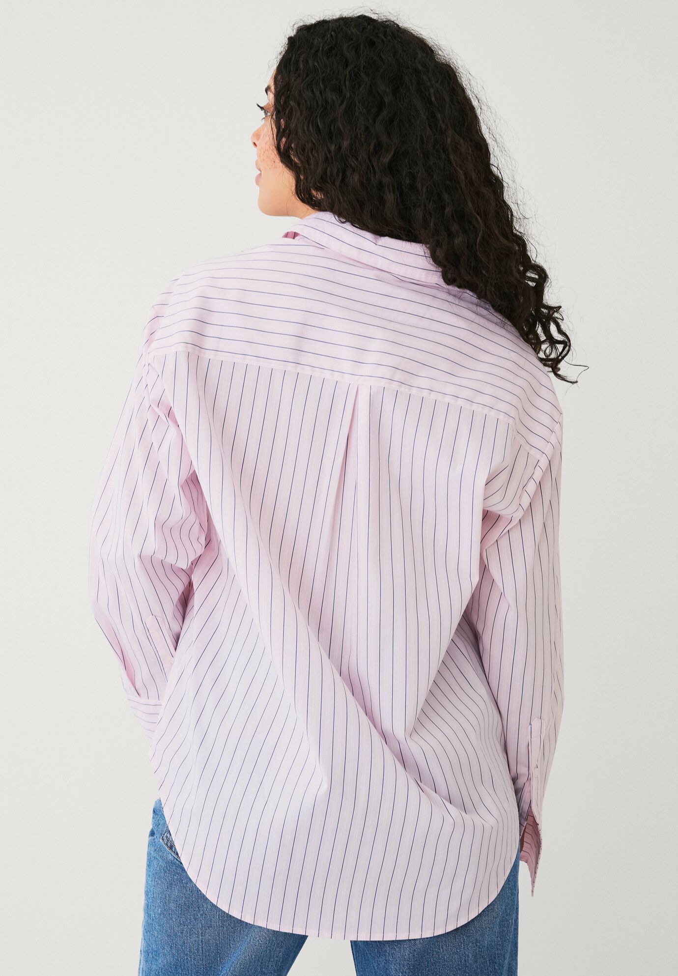 Cotton Stretch Button Front Oversized Shirt, MISTY ROSE BLUE STRIPE, on-hover image number 1