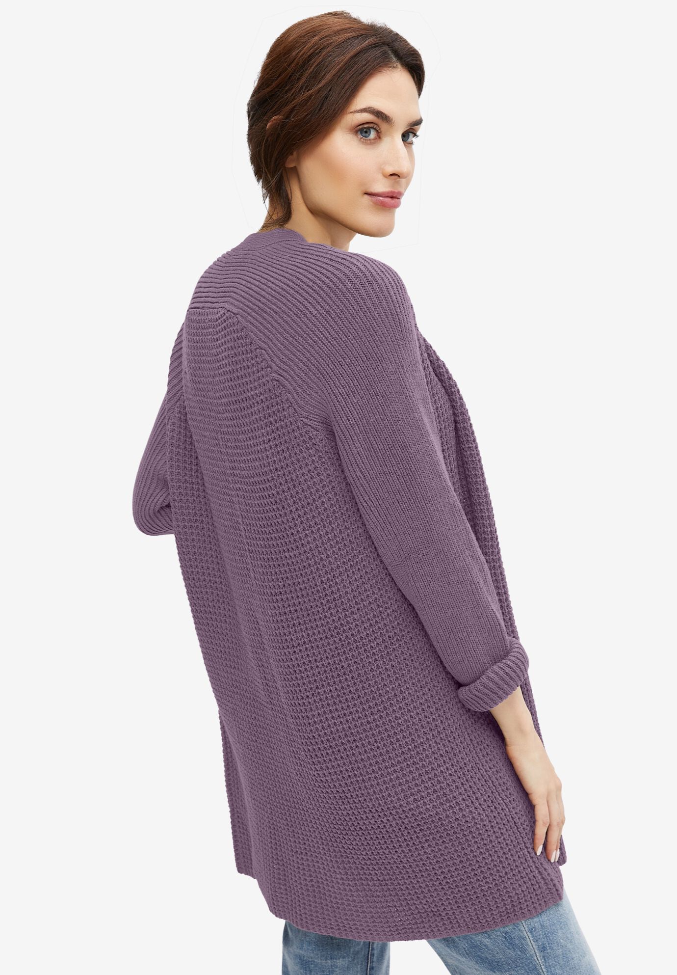 Open Front Long Ribbed Sleeve Waffle Cardigan, DUSTY PURPLE, on-hover image number 1