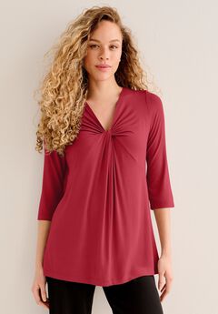 Stretch Knit V-neck 3/4 Sleeve Knot Front Tunic