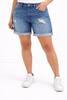 Mid-Rise Stretch 5-Pocket Relaxed Fit Boyfriend Jean Shorts