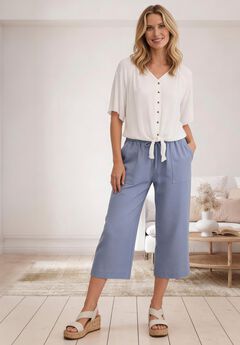 Linen-Blend Drawstring Elastic Waist Relaxed Fit Capris