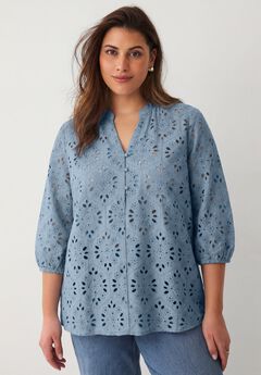 Eyelet Blouse With Notch V-neck & Blouson Sleeves