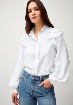 Ruffle Shoulder Blouse with Flat Pom Pom Trim