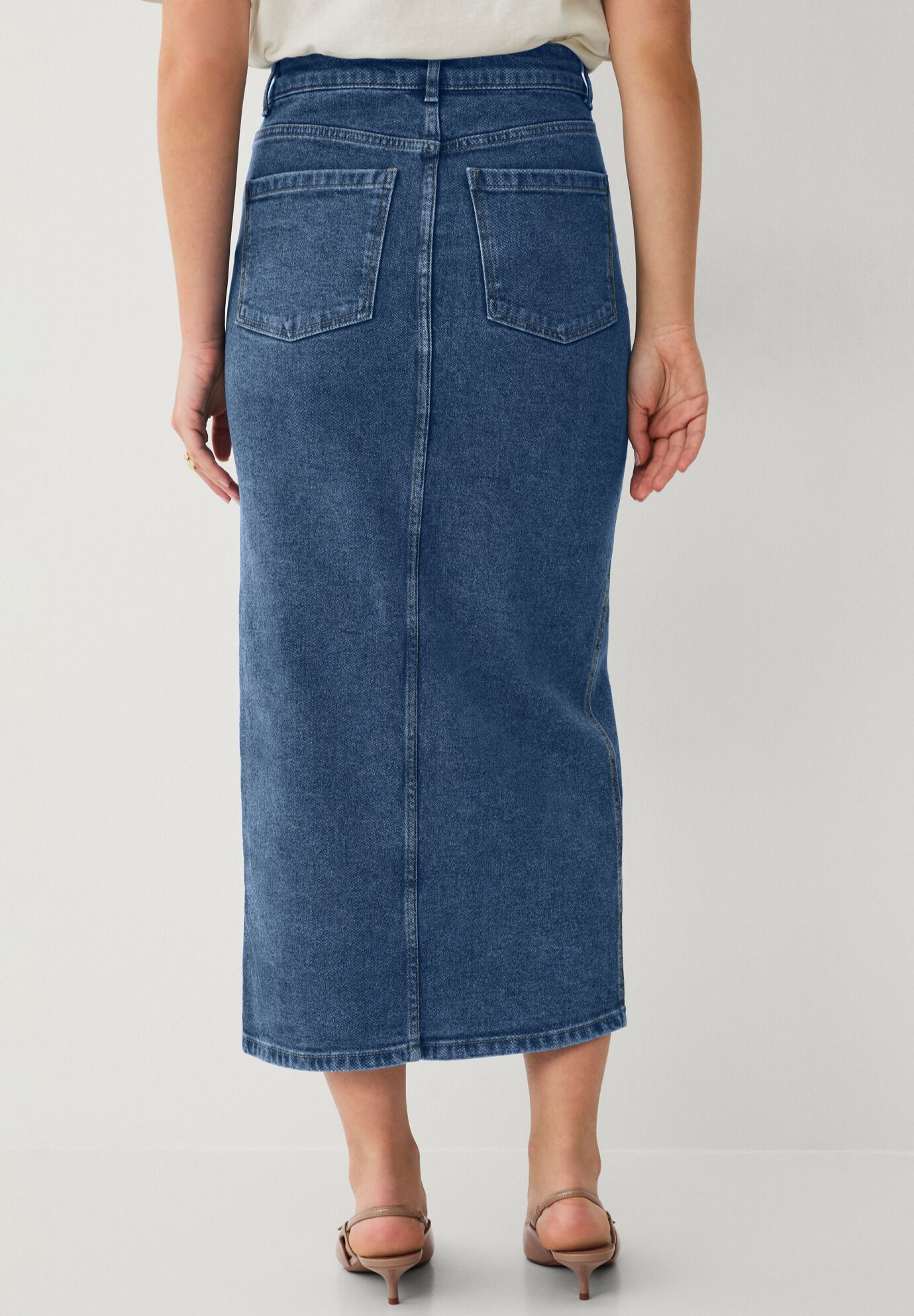 Strecth Denim Mid-rise Maxi Skirt, MEDIUM STONEWASH, on-hover image number 1