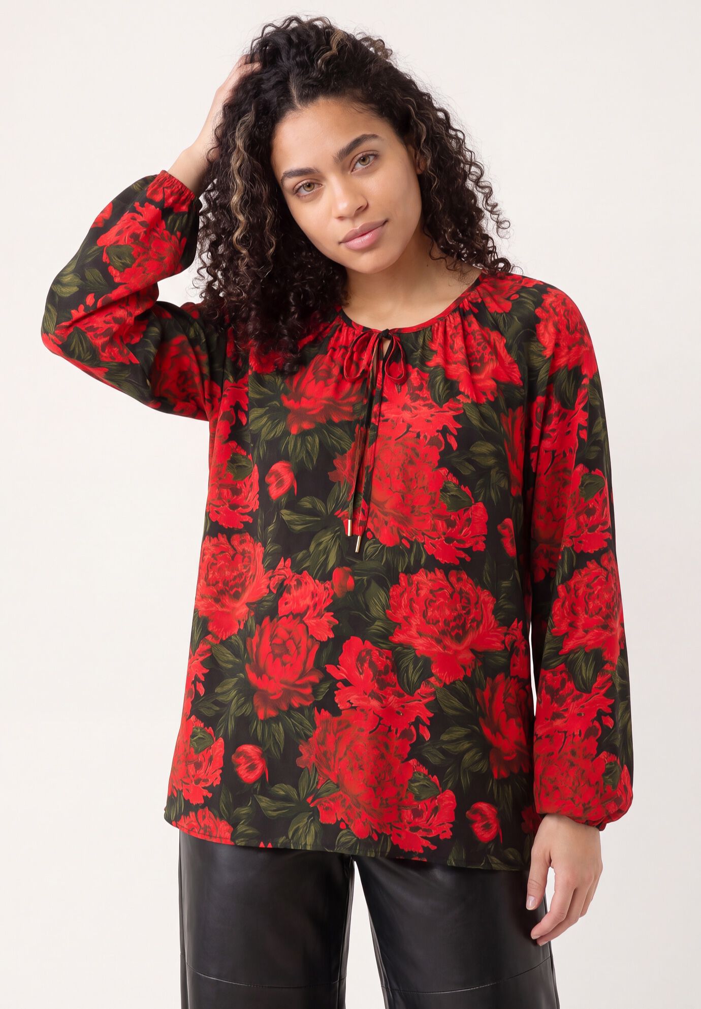 A-Line Long Sleeve Peasant Tunic with Tie-Neck Keyhole Neckline, BLACK CLASSIC RED FLORAL, hi-res image number 0