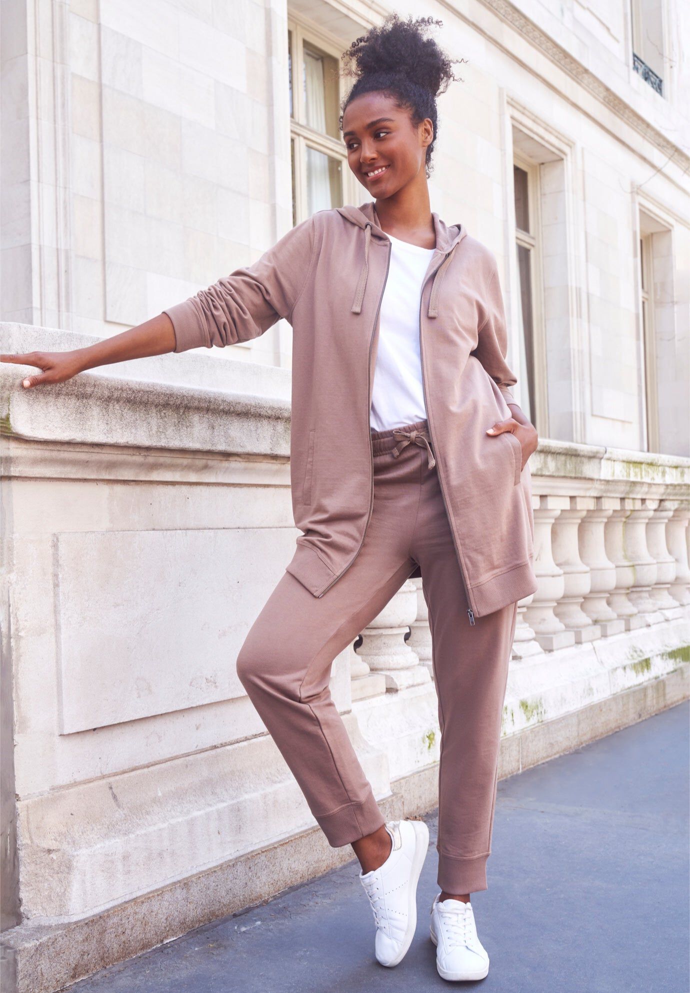 French Terry Drawstring Elastic Waistband Jogger, DARK TAUPE, hi-res image number 0