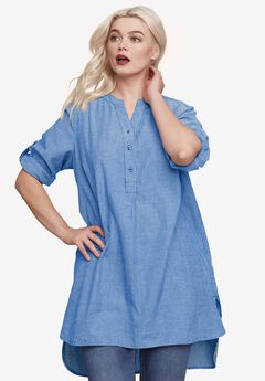 Three-Quarter Sleeve Roll Tab Relaxed Fit 100% Cotton Henley Tunic