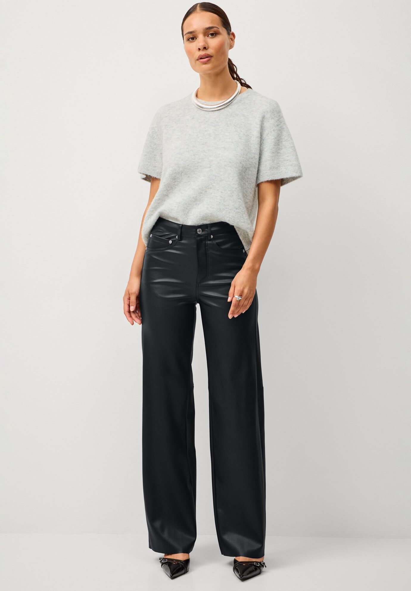 5 Pocket Faux Leather Wide Leg Pants | Dia & Co