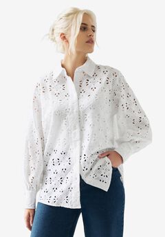 Eyelet Button Front Shirt With Blouson Sleeves