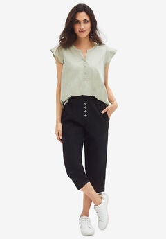 Ribbed Elastic Waist Linen-Blend Capris