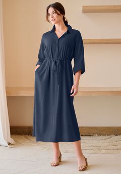 Linen-Blend Notch V-Neckline Drawstring Waist Midi Shirtdress