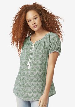 A-Line Scoop Neck Ruffle Trim 100% Cotton Cambric Peasant Blouse