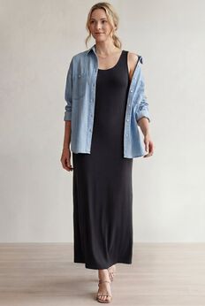 Cotton Spandex Scoop Neck Sleeveless A-Line Maxi Dress