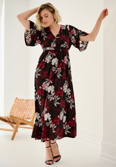 Stretch Knit Fit And Flare Elbow-Length Sleeve Tie-Back Maxi Dress