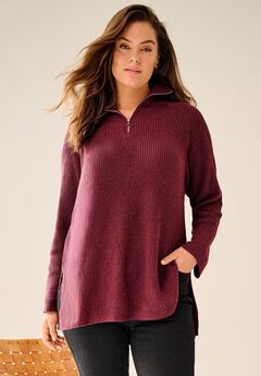 ¼ Zip Sweater Tunic With Side Slits