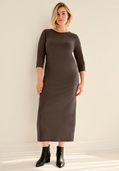 Cotton Spandex Crew Neck 3/4 Sleeve Maxi Dress
