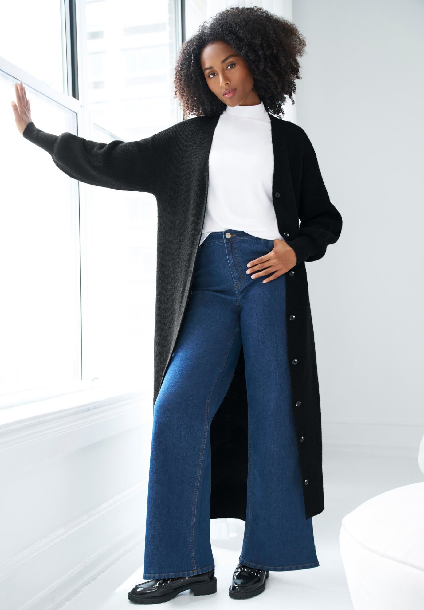 Stretch Button Front Duster Cardigan Sweater, BLACK, hi-res image number 0