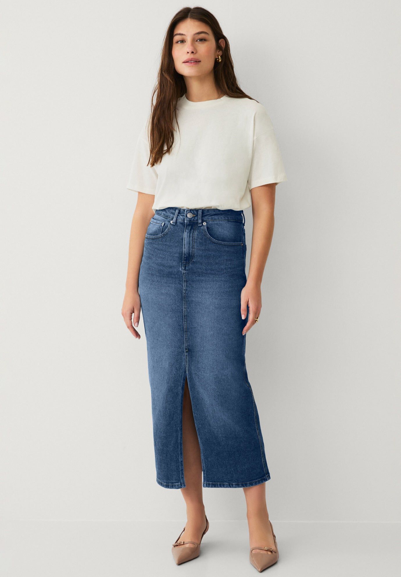 Strecth Denim Mid-rise Maxi Skirt, MEDIUM STONEWASH, hi-res image number 0