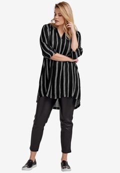 Crinkle Crepe Notch Neck Three-Quarter Sleeve High-Low Tunic