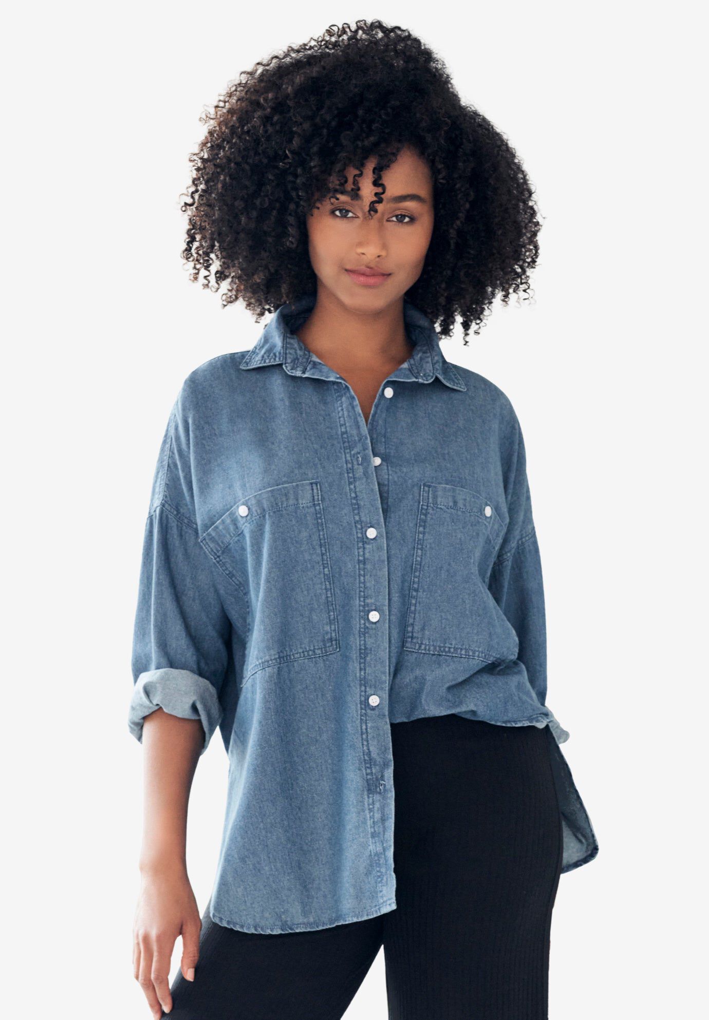 Oversized Button-Front Denim Shirt