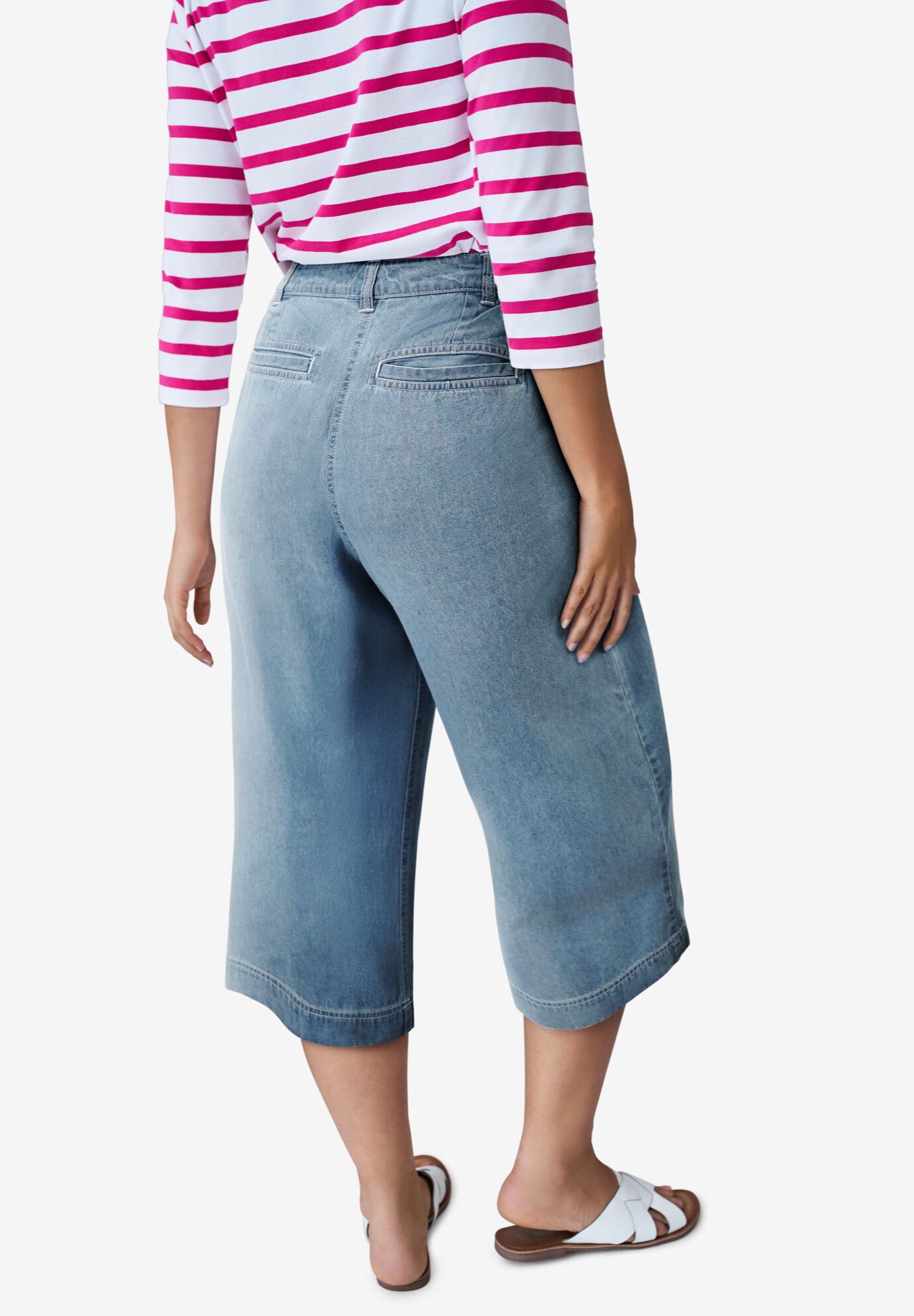 100% Cotton Mid-Rise Lightweight Denim Elastic Waist Wide-Leg Crop Trouser Jeans, LIGHT STONEWASH, on-hover image number 1