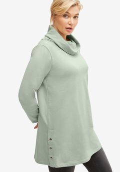 Side Snap Cowl Neck French Terry Sweatshirt Tunic