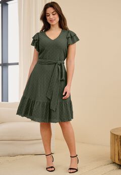 Stretch Knit Tie Waist Ruffle Lace Dress