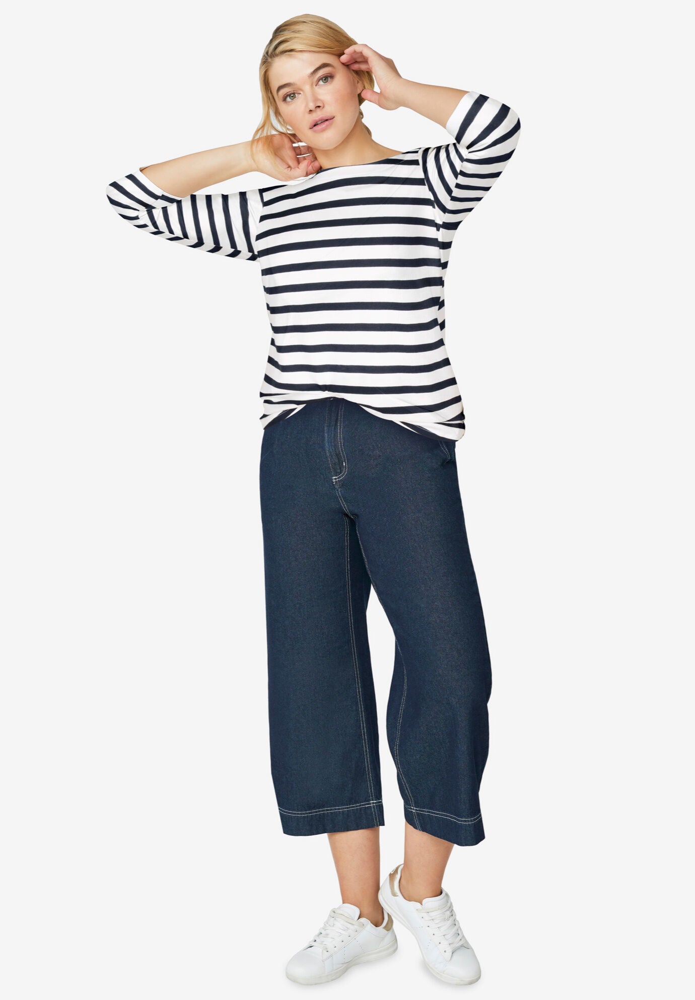 Stretch Knit Scoop Neck 3/4 Sleeve Top, WHITE NAVY STRIPE, on-hover image number 1