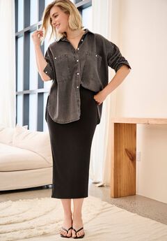 100% Cotton Denim Oversized Button-Front Collared Shirt