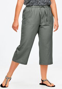 Linen-Blend Drawstring Elastic Waist Relaxed Fit Capris