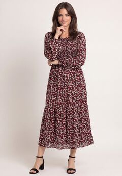 Smocked Bodice Scoopneck Long Sleeve Tiered Midi Dress