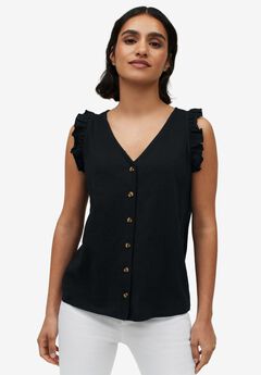 Button-Front Ruffle Sleeve Tank