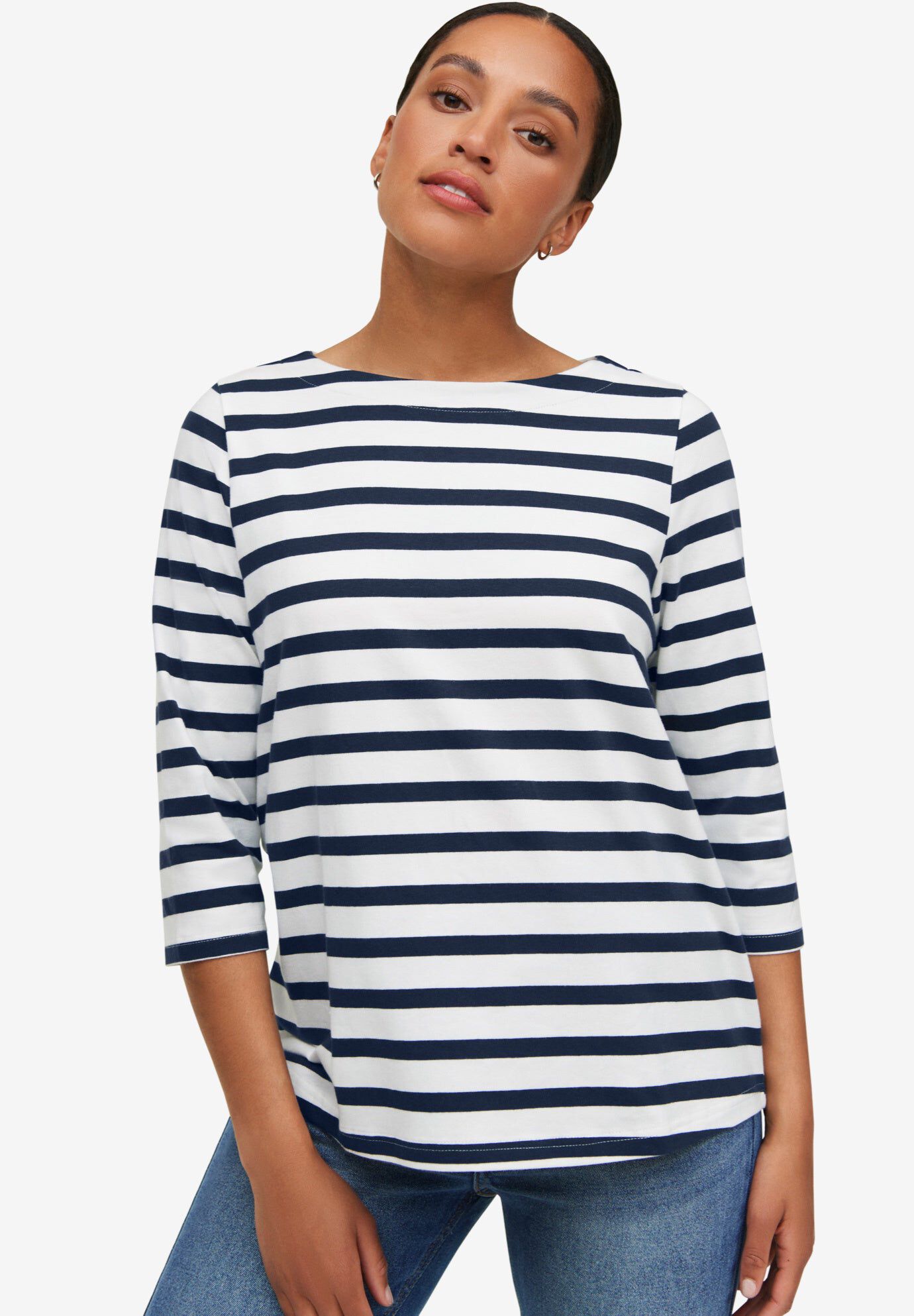 Stretch Knit Scoop Neck 3/4 Sleeve Top, WHITE NAVY STRIPE, hi-res image number 0