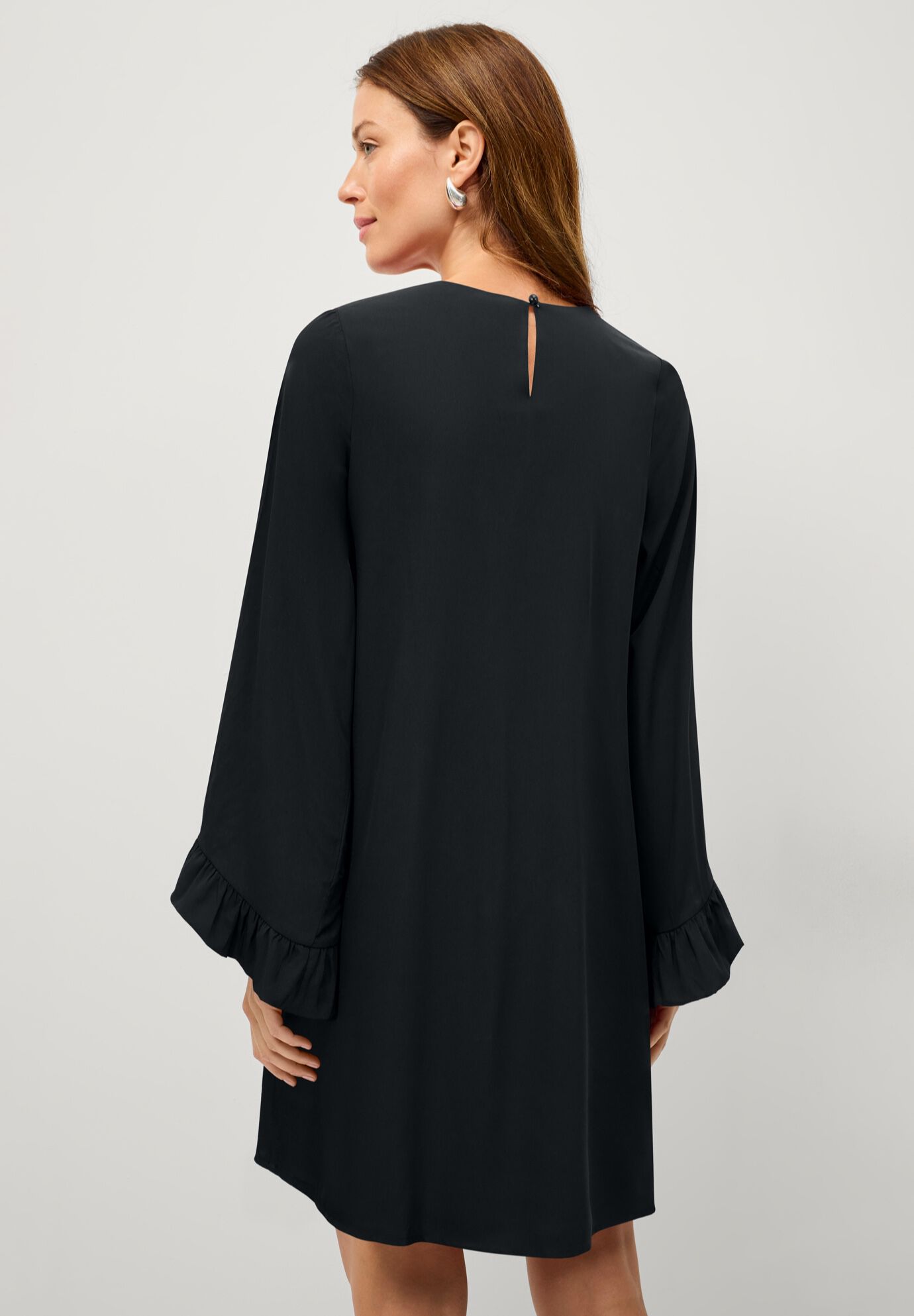 Long Ruffle Sleeve A-line Dress, BLACK, on-hover image number 1
